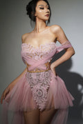 Sparkly Sequin Sexy Tops Skirt 2 PCS Set Women Celebrate Party Birthday NightClub Performance Stage Show Wear Pink