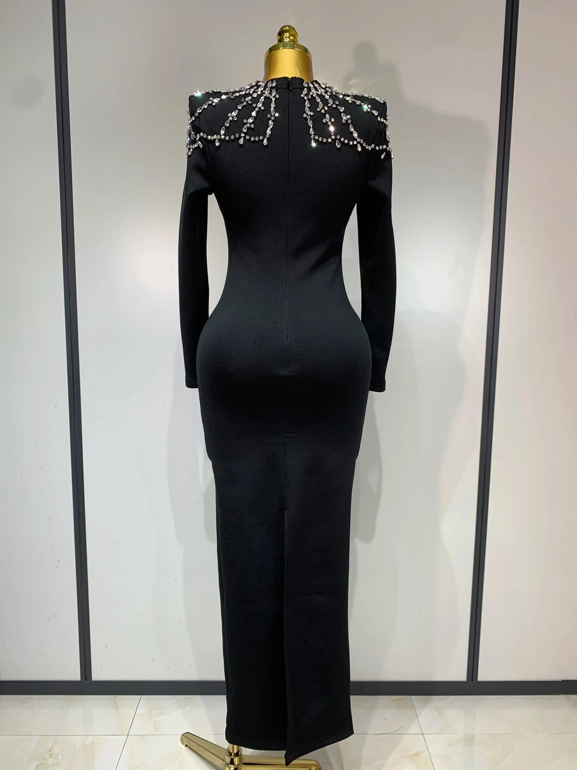 Luxury Birthday Dresses Diamond Tight Long Sleeve Square Neck Long Bandage Dress Women Wedding Evening Formal Gowns