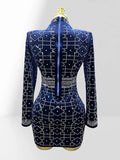 Dark Blue Velvet Luxury Diamonds O-neck Tuck Waist Mini Dress Fashion Woman Party Dress Celebration Birthday Vestido
