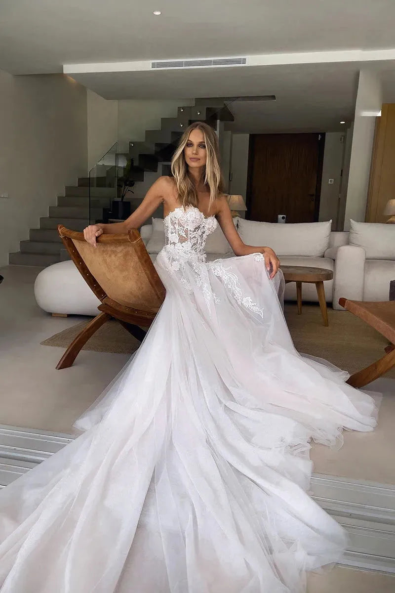 Charming Sweetheart Lace Applique Boho Beach A Line Wedding Dresses Side Slit Custom Made Vestido De Noival