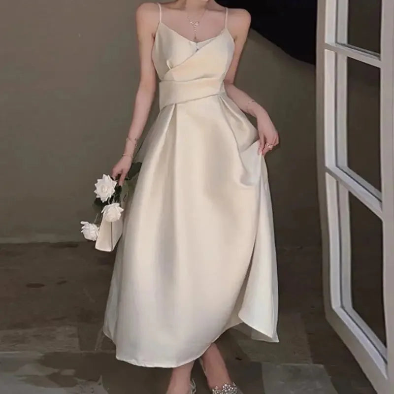 French Luxury White Satin Midi Length Evening Dress for Bride Elegant Sexy Slim Strap Prom Party Dress For Women Vestidos White Floor length | cn