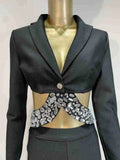 Women Bandage Long Pants Set With Lapel Long Sleeved Nail Bead Design Backless Sexy Ultra Short Jacket+Pants Two-Piece Set