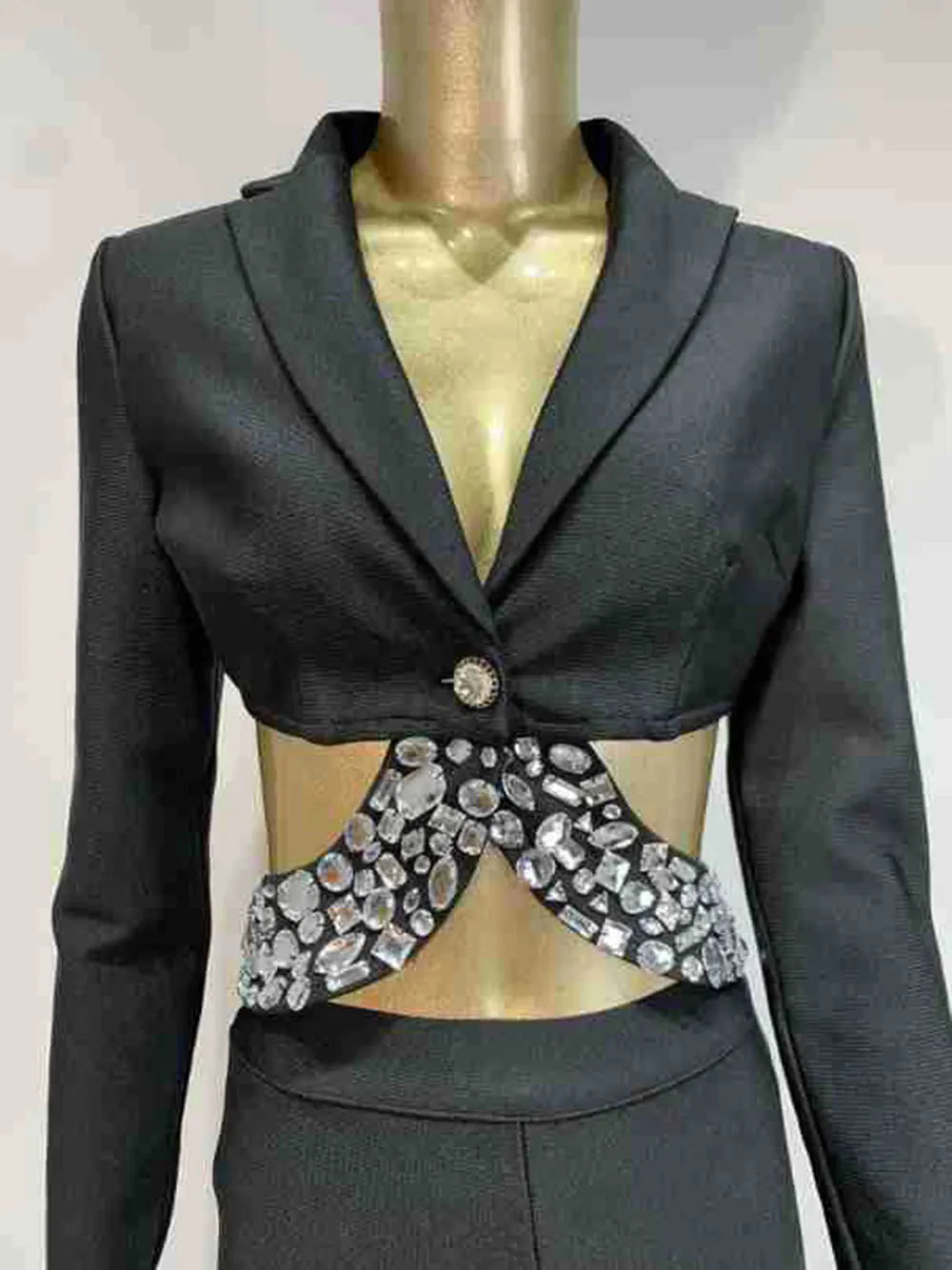 Women Bandage Long Pants Set With Lapel Long Sleeved Nail Bead Design Backless Sexy Ultra Short Jacket+Pants Two-Piece Set