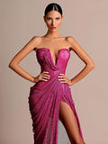 Hot Pink Strapless Sleeveless V-Neck Dress with Slit for Parties Evening Gown