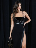 Summer Long Dress Women Sexy High Split Design Evening Party Black Bandage Dress Fashion Stage Show Wear