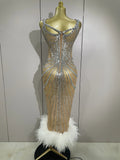 Luxury Sexy Silver Rhinestone Mesh See Through Long Dress Women Birthday Party Prom Gown Singer Nightclub Stage Costume