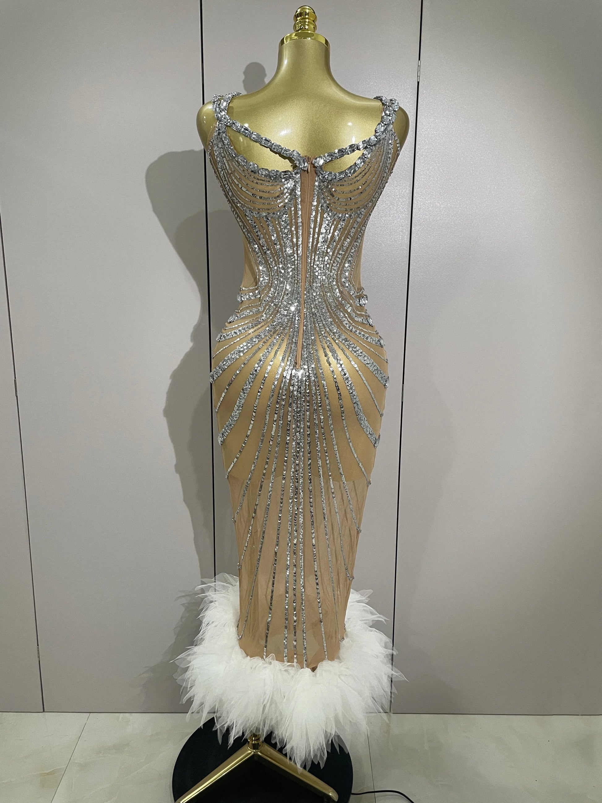 Luxury Sexy Silver Rhinestone Mesh See Through Long Dress Women Birthday Party Prom Gown Singer Nightclub Stage Costume