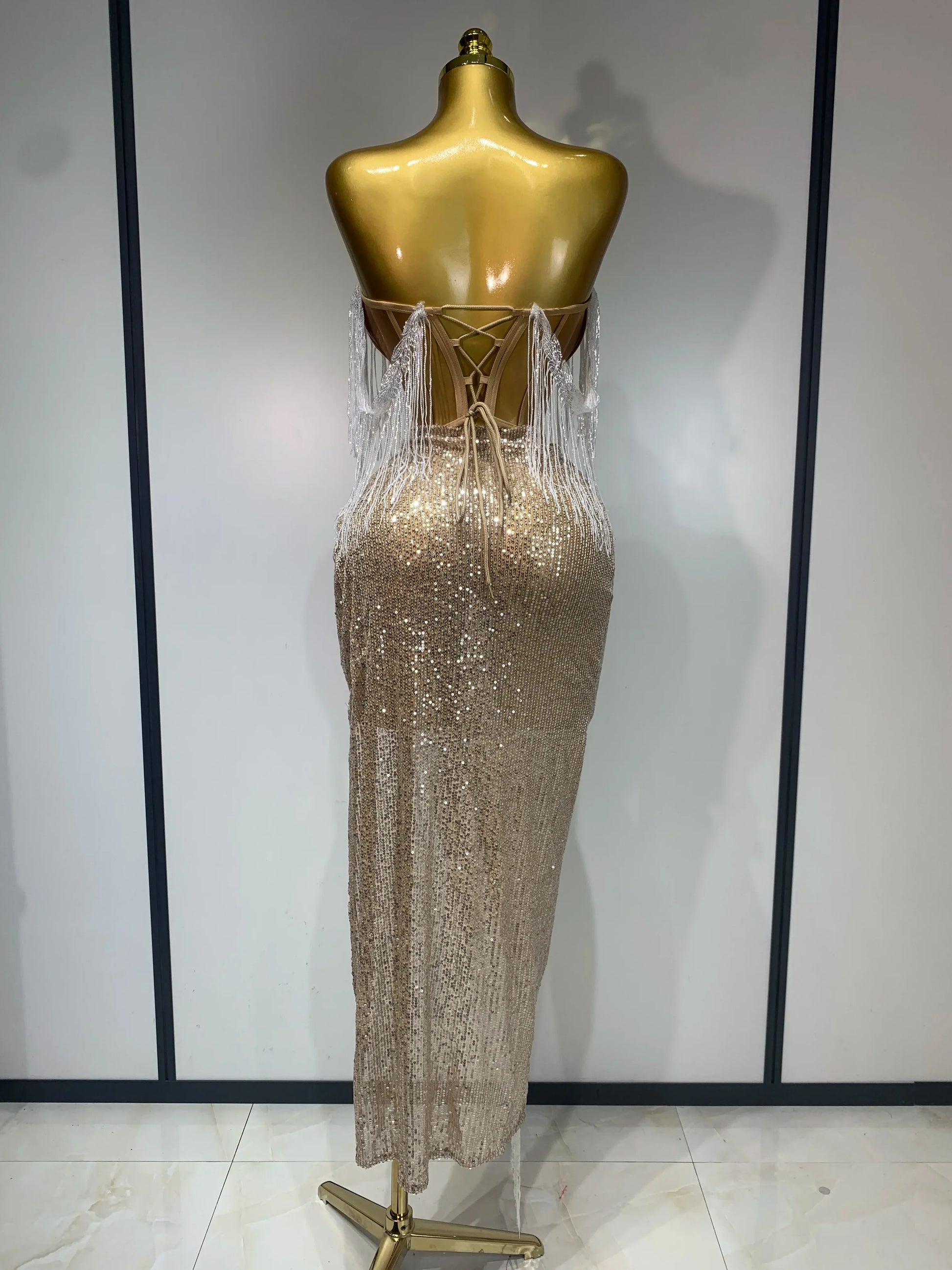 Women Sexy Singer Performan Costume Nightclub Girl Sparkly Sequin Tassel Two Piece Set Evening Party Luxury Birthday Outfit