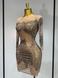 Luxury Birthday Rhinestones Half Sleeve Transparent Mini Dress Women Sexy Mesh Stretch Performance Celebrity Stage Wear
