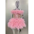 Pink Sweet Woman Set Sparkling Crystal Strapless Top And Mini Puffy Skirt 2 Pieces Birthday Party Vestido Performance Costume