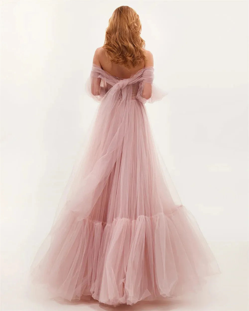 Pink Elegant Off Shoulder Prom Dress Sweet Puffy Sleeves A-line Tulle Vestidos De Fiesta Fluffy Feeling Party Dress as pic