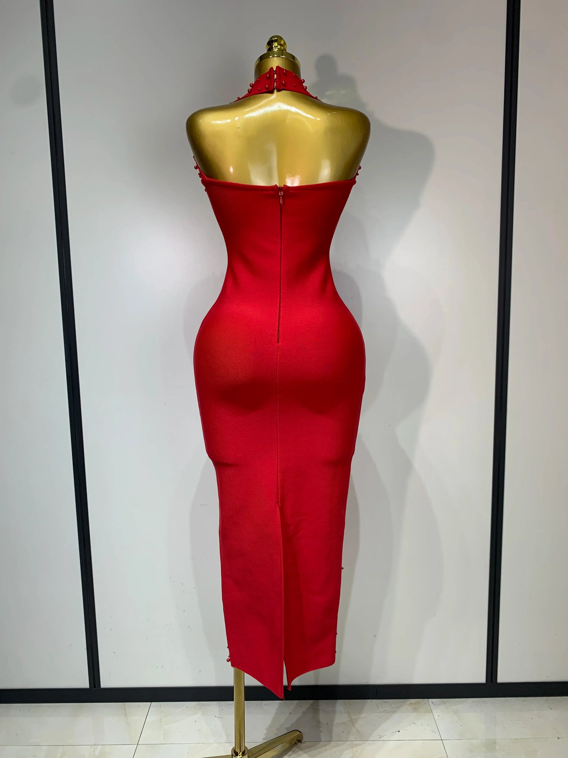 Women Sexy Halter Backless Shiny Rhinestone Pearl Bodycon Bandage Dress Celebirty Elegant Evening Party Luxury Birthday Dress