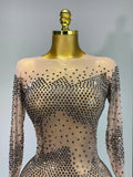 Luxury Birthday Rhinestones Half Sleeve Transparent Mini Dress Women Sexy Mesh Stretch Performance Celebrity Stage Wear