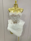 Sexy White Lace Strapless Tops Ruffles Mini Skirt 2 PCS Set Women Evening Party Nightclub Singer Stage Performance Costume WHITE