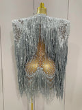 Luxury Sparkly Rhinestone Sequin Tassel Coat Skirt 2Pcs Women Birthday Party Nightclub Stage Performance Costume
