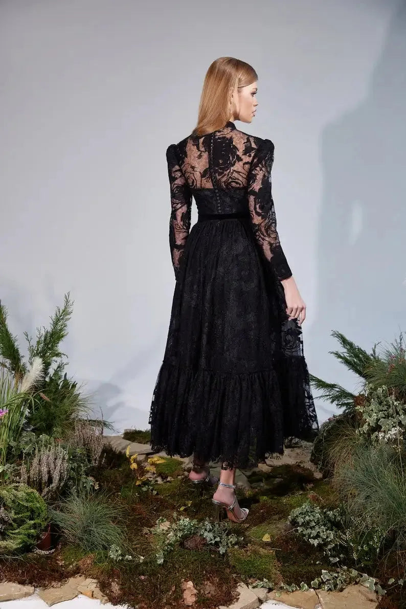 Black Evening Dress Tea-Length Lace Prom Dress Party Dress High Neck Long Sleeves A Line Cocktail Bridesmaid Evening Gowns Black