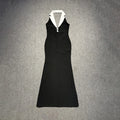 Stylish Black White Color Block Deep V-Neck Halter Sleeveless Long Dress Summer Date Daily Gown black