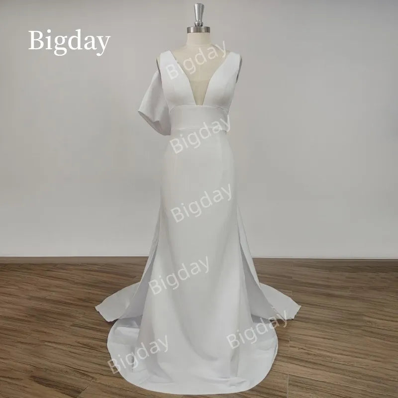 Gaun pengantin putri duyung yang dapat dilepas kereta busur v-neck elegan putih gading boho gaun pengantin sederhana lengan lengan vestidos de novia