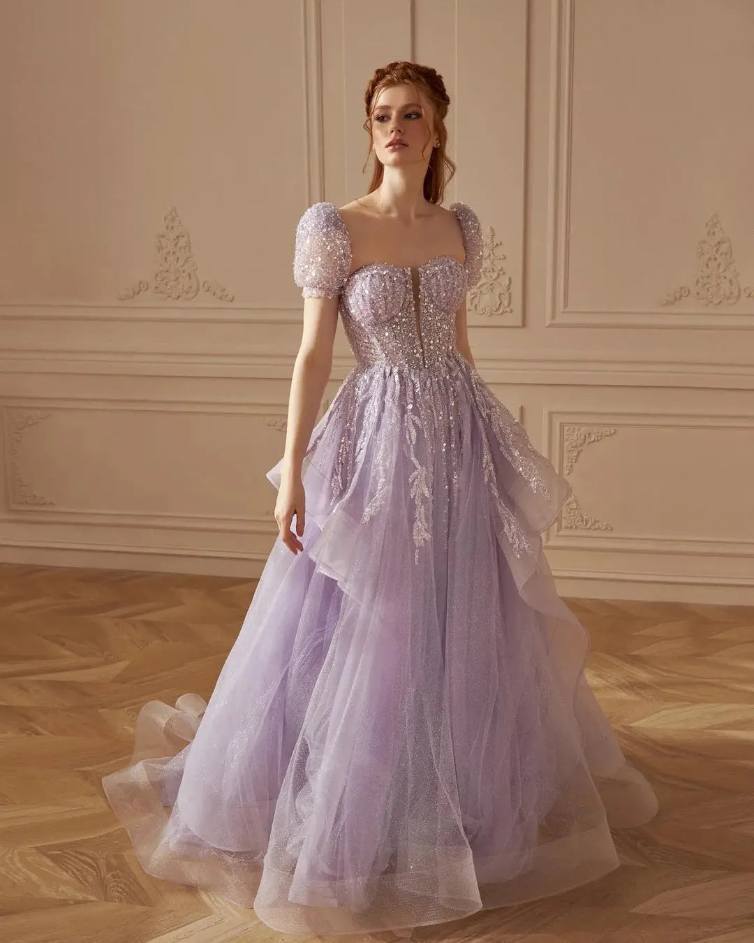 Lavender Luxury Wedding Dresses Sweetheart Ruffles Glitter Women's Brides Gowns Detachable Sleeves Long Evening Dress