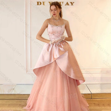 Cute A Line Evening Dresses Sleeveless Prom Gowns Strapless Princess Beaded Customized Party Vestidos De Noche Pink