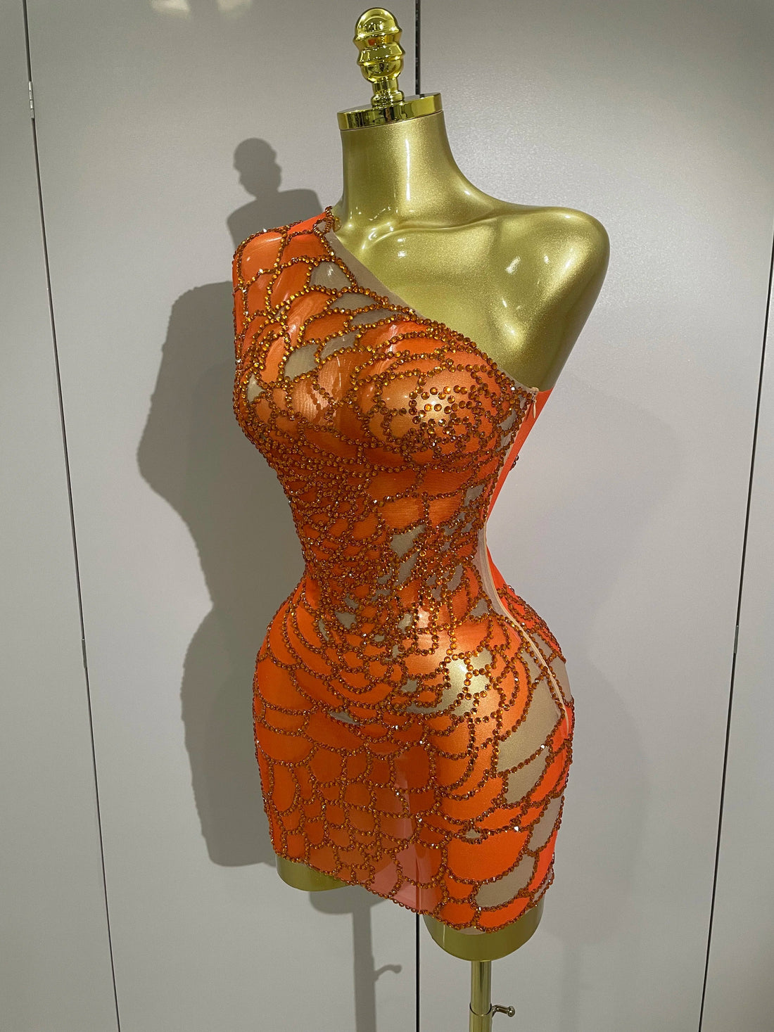 Women Shining Rhinestones Sexy One Shoulder Cultivation Dress Birthday Celebrate Party Evening Gown Singer Stage Costume Orange