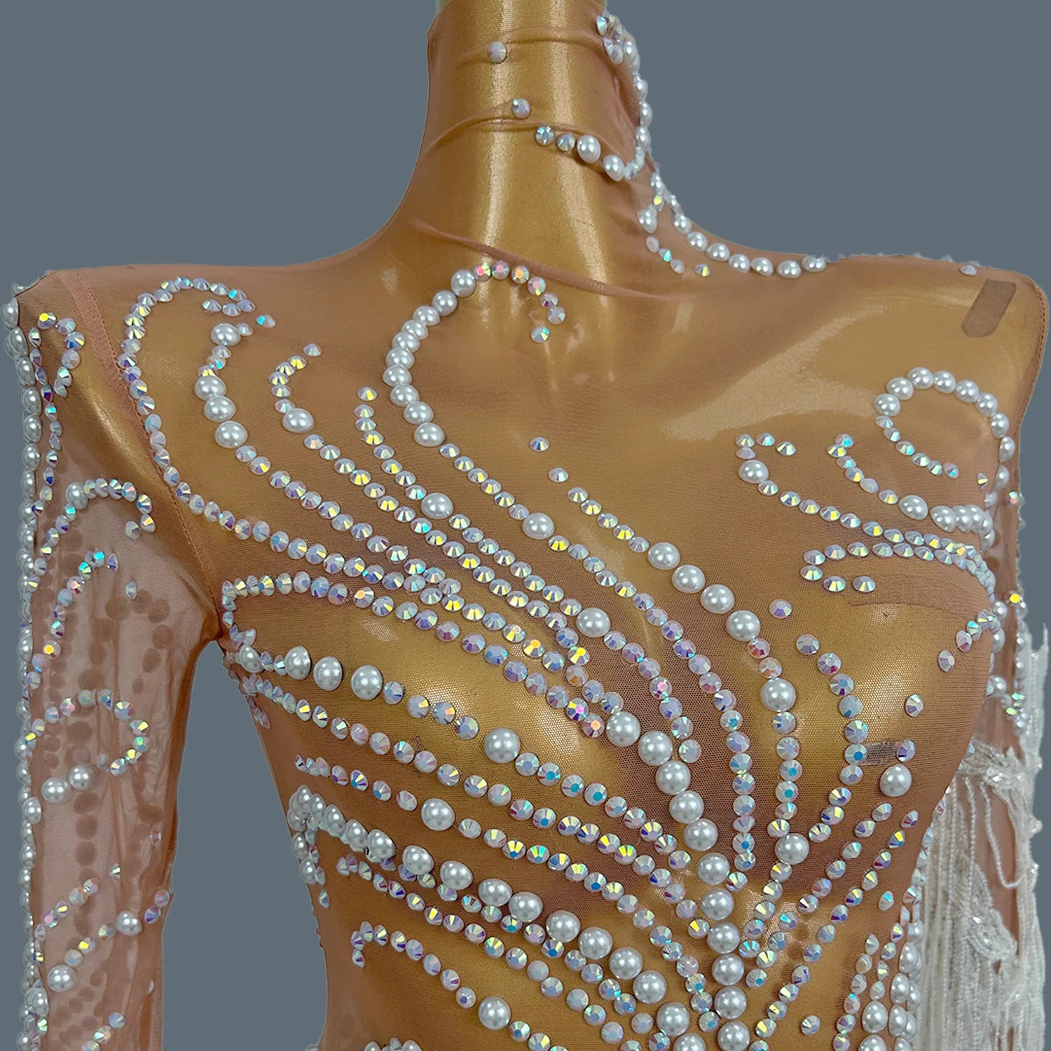 Stunning White Pearls Mini Dress Long Sequins Tassel See Through Mesh Dress Birthday Celebrate Party Dance Event Gala Wear Fumao