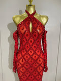 Sexy Sparkly Rhinestones Halter Mesh Long Dress With Gloves Women Celebrate Evening Wedding Prom Birthday Dress Shoot Wear