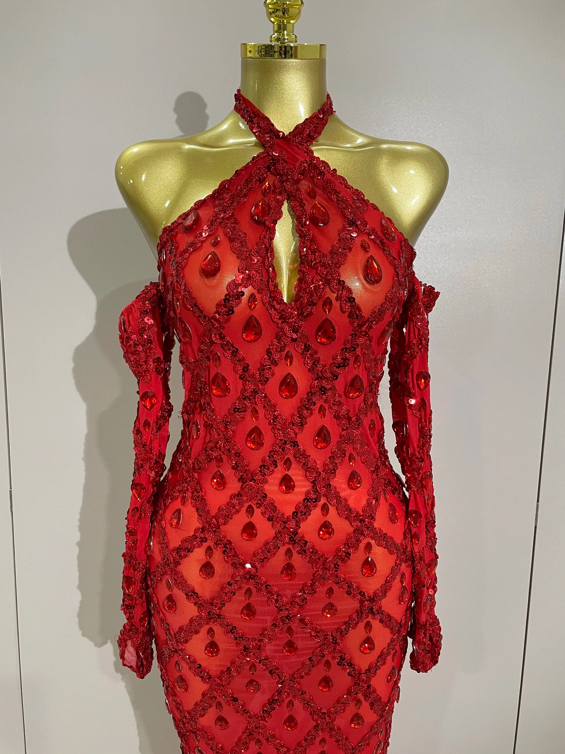 Sexy Sparkly Rhinestones Halter Mesh Long Dress With Gloves Women Celebrate Evening Wedding Prom Birthday Dress Shoot Wear
