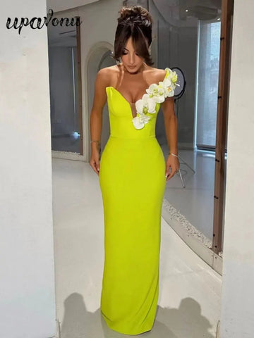 Sexy Women's 3D Flower Decoration Long Dress Strapless Sleeveless Bodycon Backless Max Dress Cocktail Evening Party Vestido
