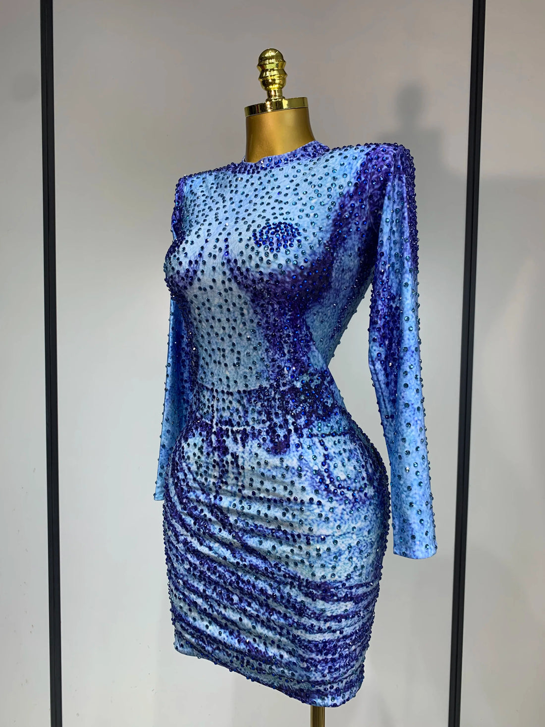 Ladies Sexy Sparkly Rhinestones Blue Long Sleeve Short Dress Women Evening Luxury Birthday Party Nightclub Singer Stage Outfit Blue
