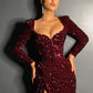 Plunging Evening Dresses Sequined Glitters Mermaid Cap Full Sleeves High Slit Long Sweep Train Women Formal Party Prom Gowns