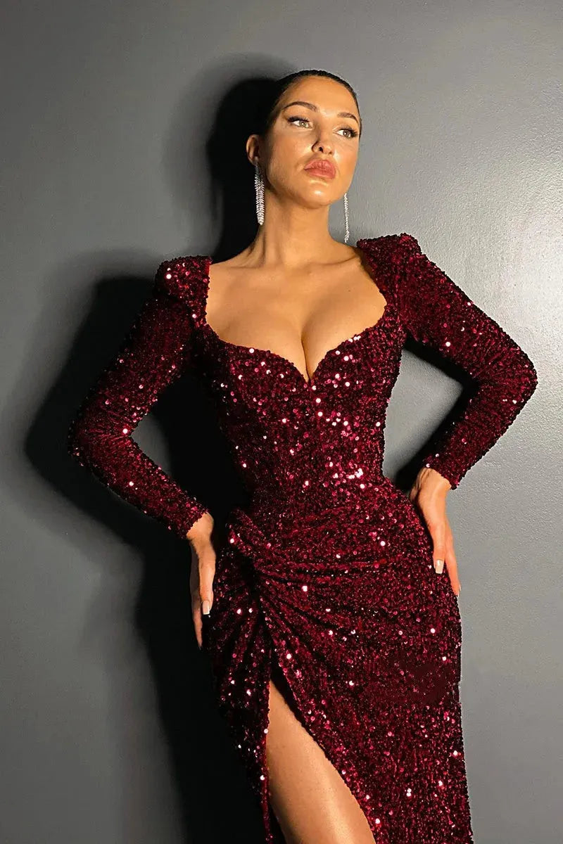 Plunging Evening Dresses Sequined Glitters Mermaid Cap Full Sleeves High Slit Long Sweep Train Women Formal Party Prom Gowns burgundy