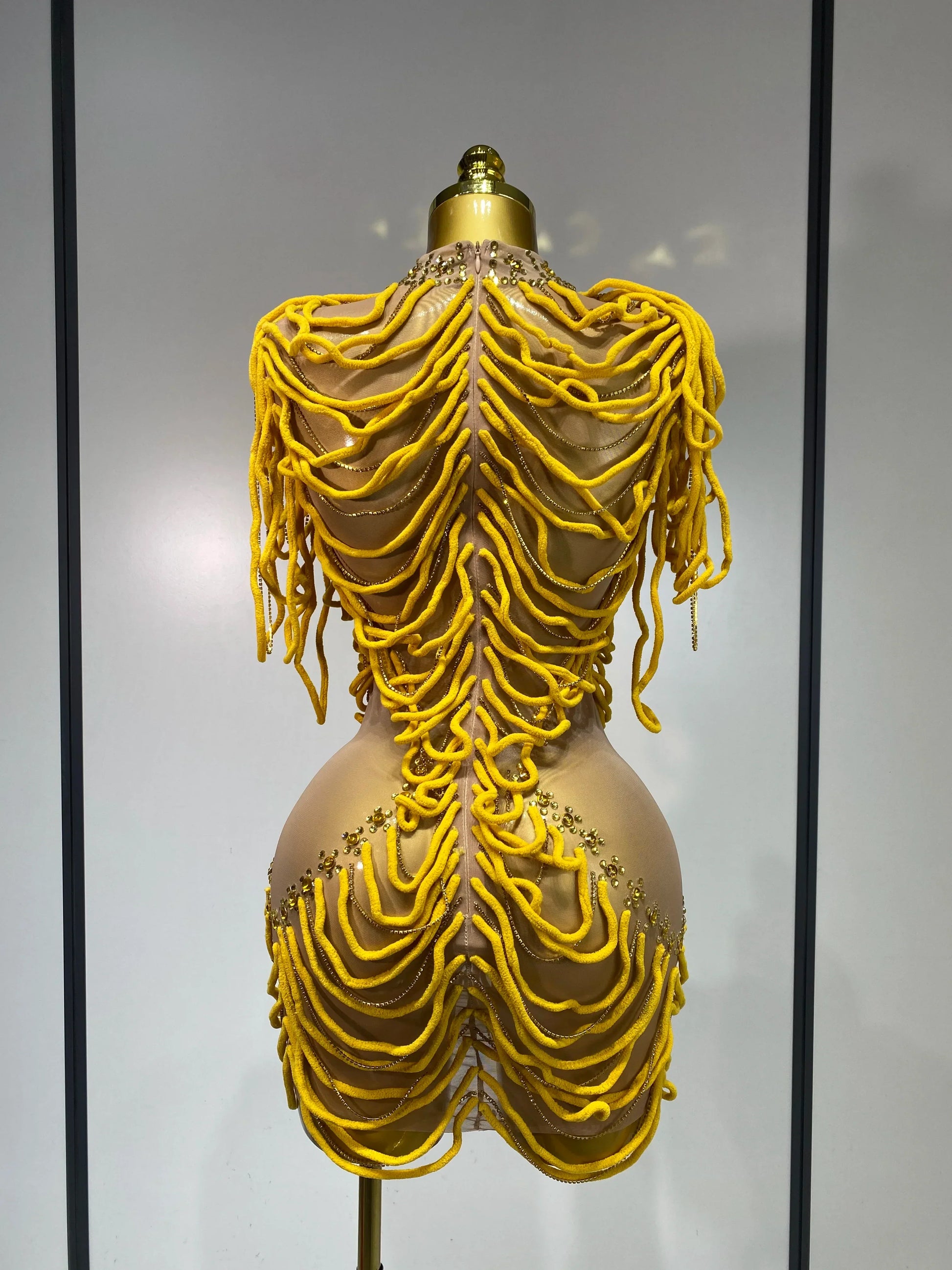 Women Sexy Mesh See Through Designer Rhinestones Chain Stage Performance Costume Nightclub Celebrate Party Luxury Birthday Dress