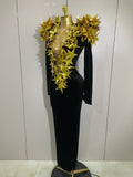 Shiny Gold Star Rhinestone Velvet Long Dress Women Evening Birthday Party Club Gala Hosts NightClub Bar Stage Costumes