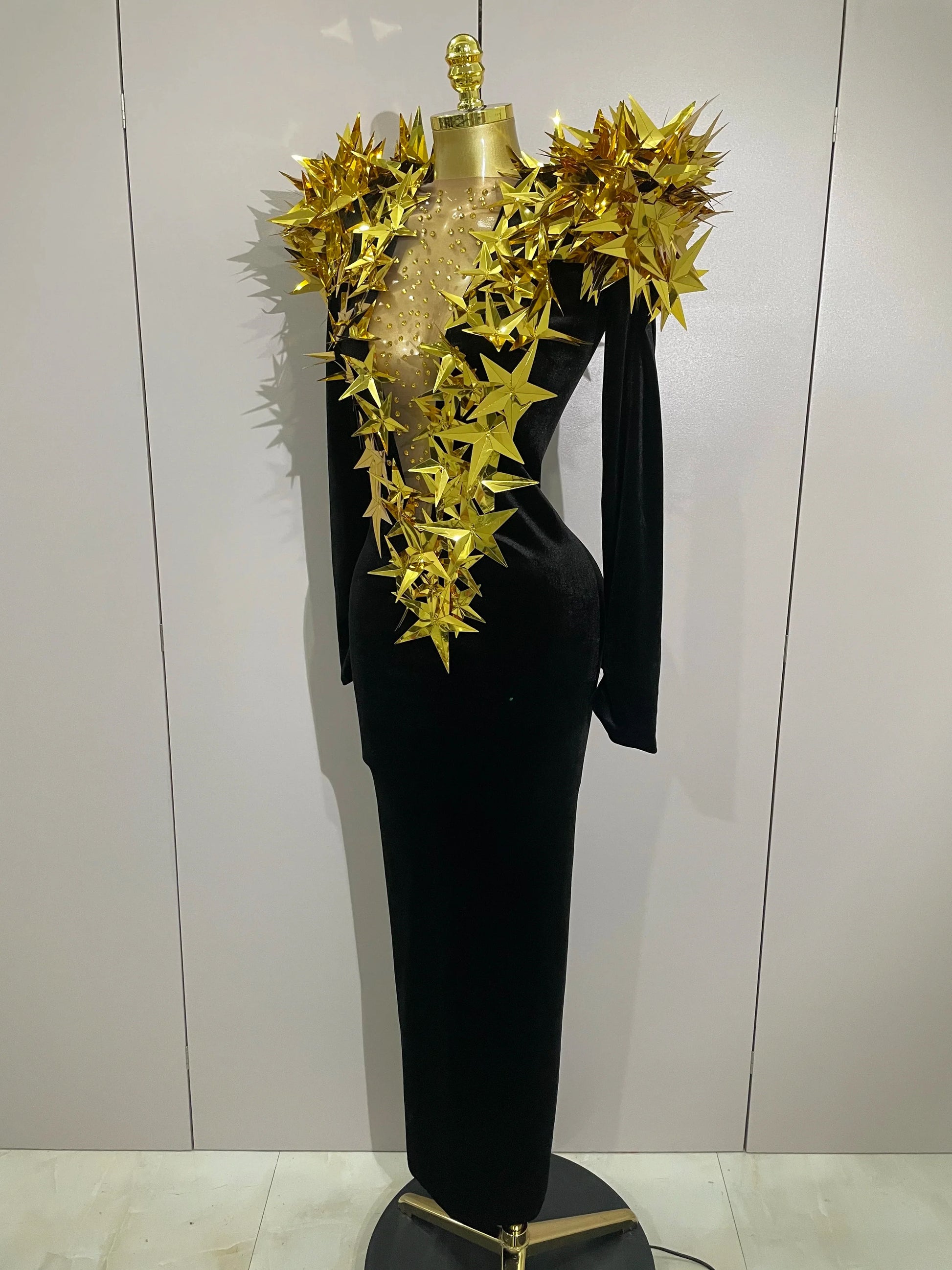 Shiny Gold Star Rhinestone Velvet Long Dress Women Evening Birthday Party Club Gala Hosts NightClub Bar Stage Costumes
