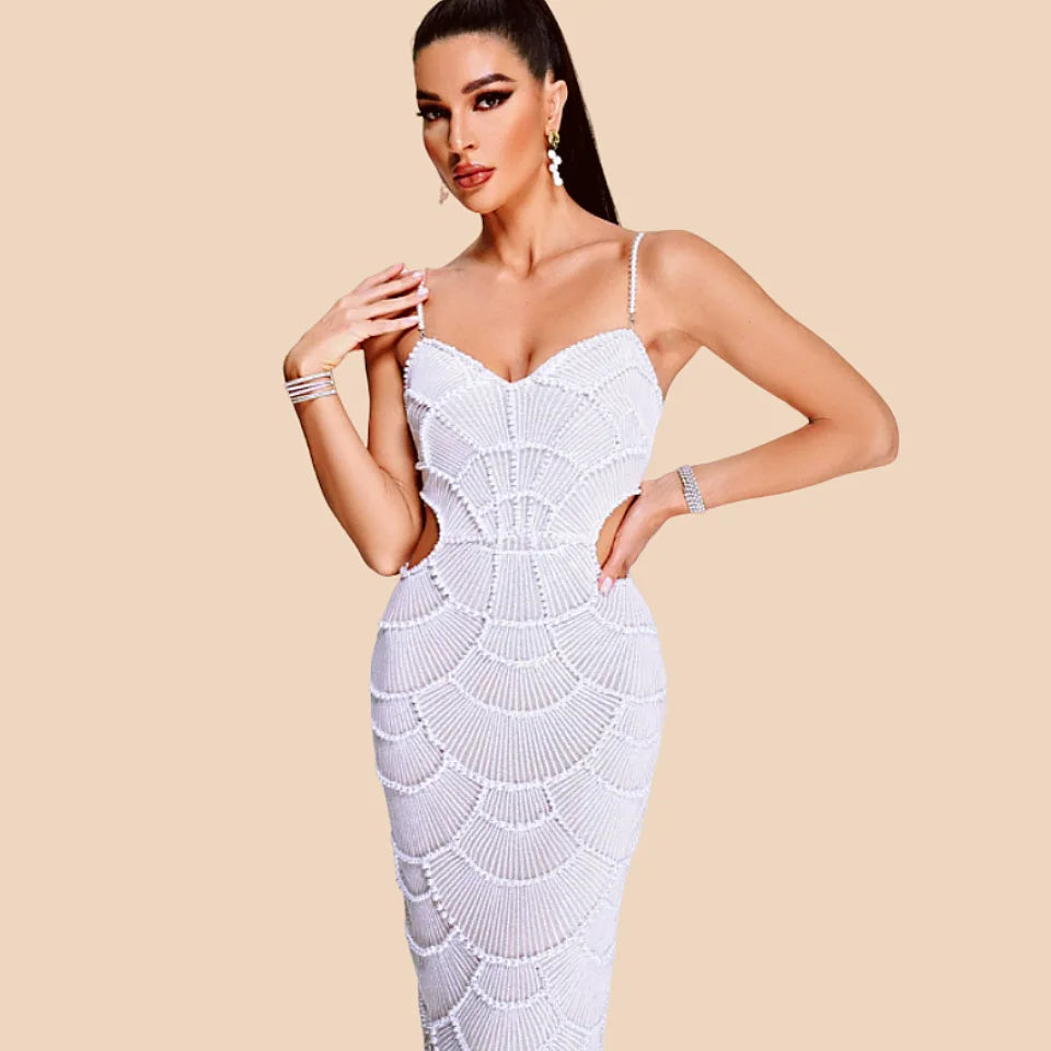 Shining Sequins Beading Hollow Out Spaghetti Strap Long Dress Woman Birthday Party Dress Sweet Dateing Outfit