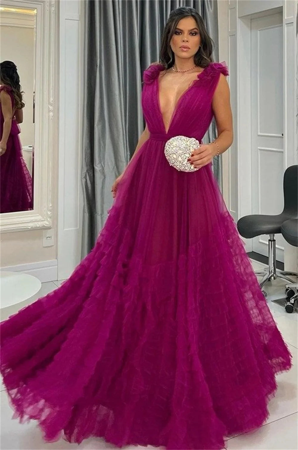 Dark Red Prom Dress Deep V-neck Multi-layer فستان سهرة Sexy Tulle Party Dresses Elegant Sleeveless Vestido De Noche