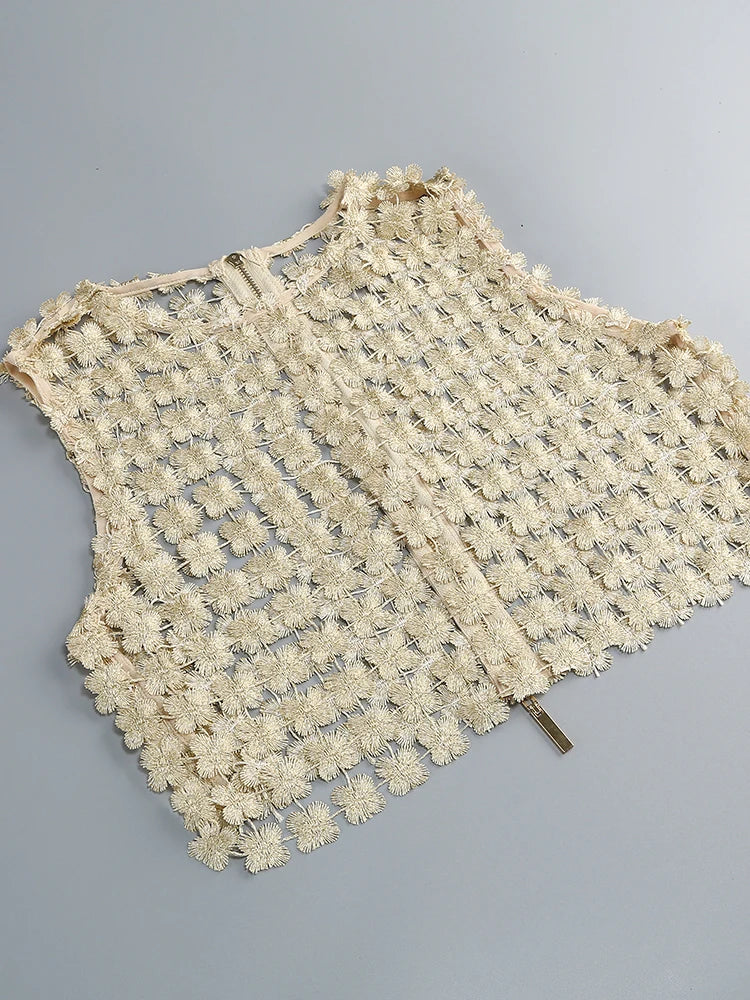 Stylish Beige Sleeveless Cropped Top & Sheer Skirt Set with Zipper for Festival & Party Chic Dress Gown