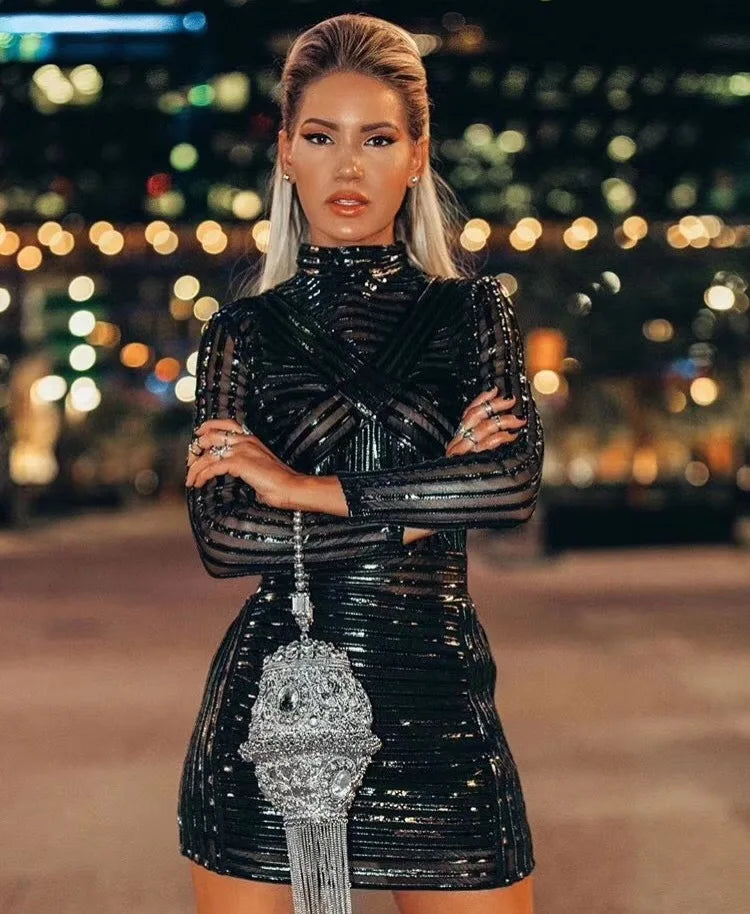 Autumn Half High Collar Leather Patchwork Mesh Black Mini Dress Fashion Woman Evening Dress Nightclub Party Outfit