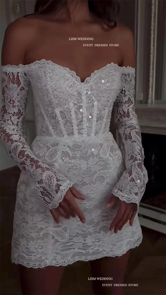 Glitter Full Lace A-Line Mini Wedding Dresses Lengan Panjang Sayang dari bahu Gaun Pengantin Pendek Vestidos de Novia