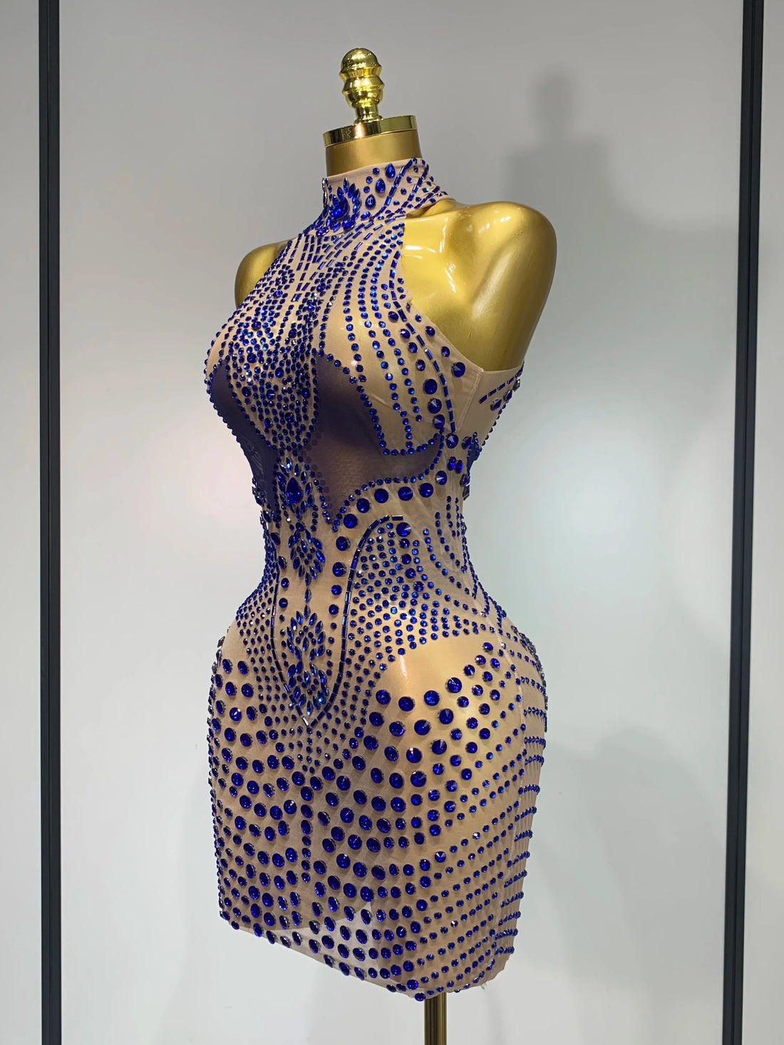 Luxury Birthday Dress Women Rhinestones Sexy Transparent Mesh Mini Dress Evening Party Nightclub Stage Performance Costume Blue