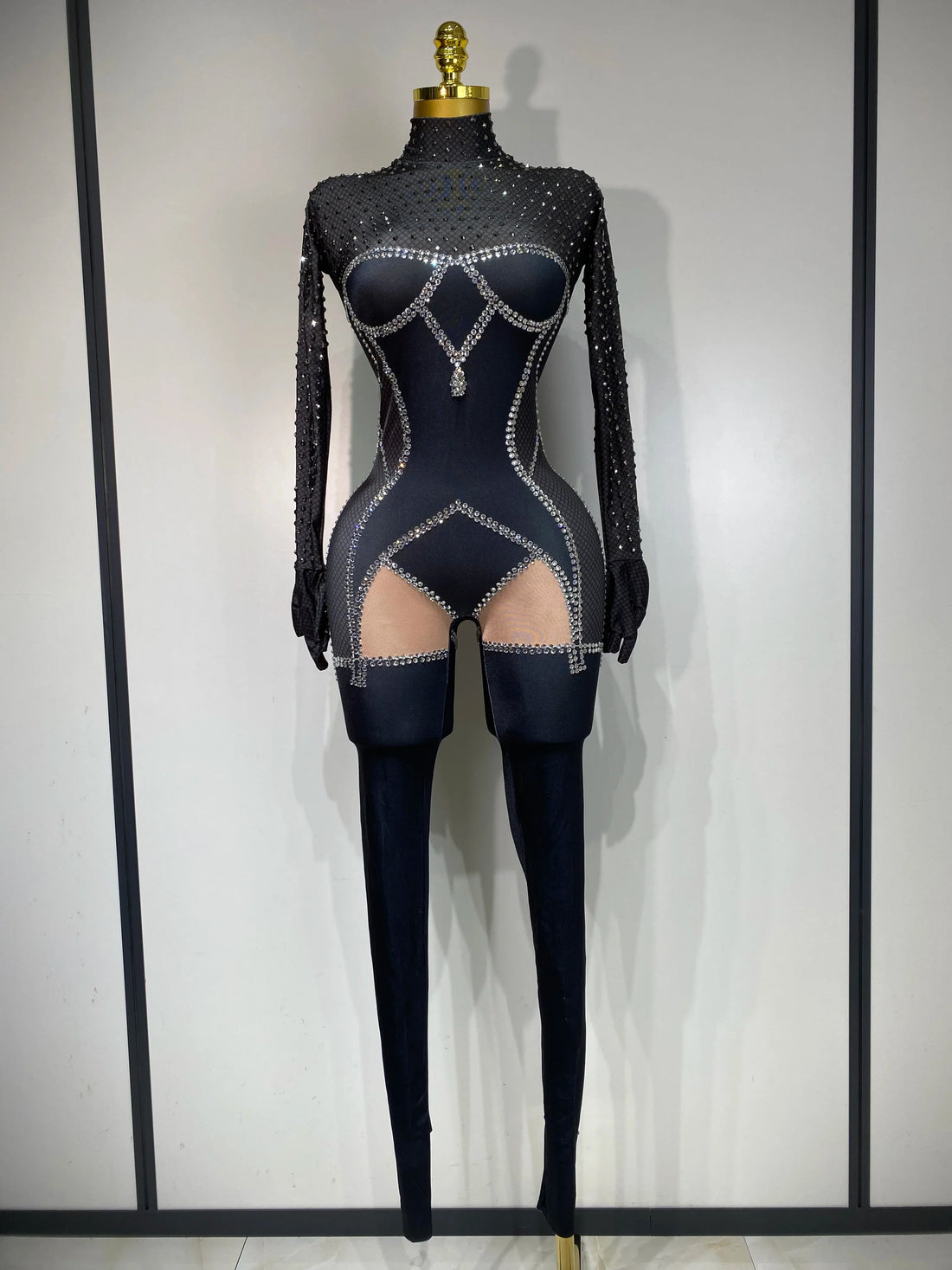 Sparkly Diamond Women Sexy Bodycon Jumpsuit Nightclub Bar Party Show Gogo Dancer Clothing Drag Queen Outfit Stage Costume Black