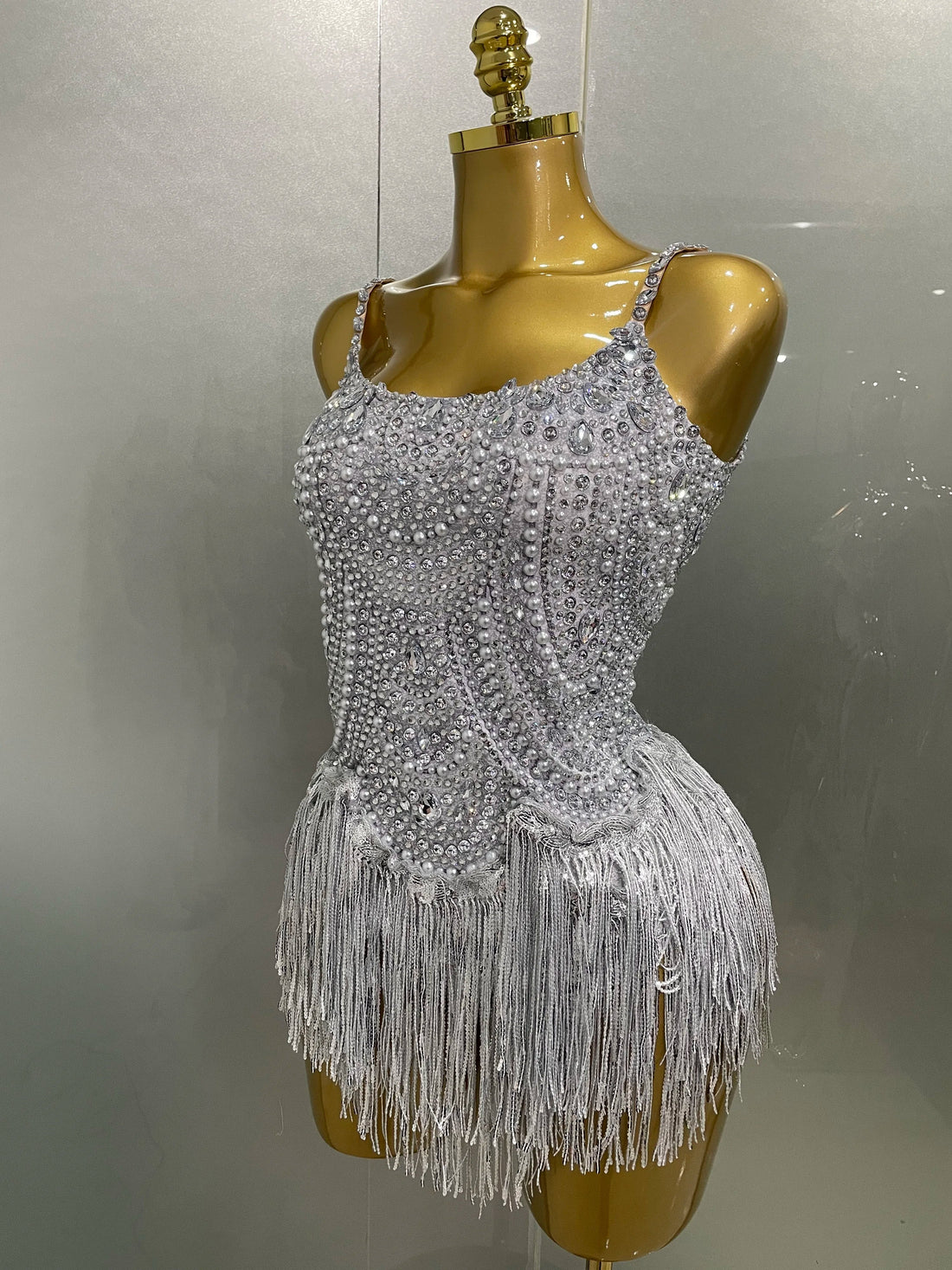 Sparkly Silver Rhinestones Pearl Tassels Bodysuit Women Sexy Eveing Birthday Party Nightclub Stage Performance Costume Silver