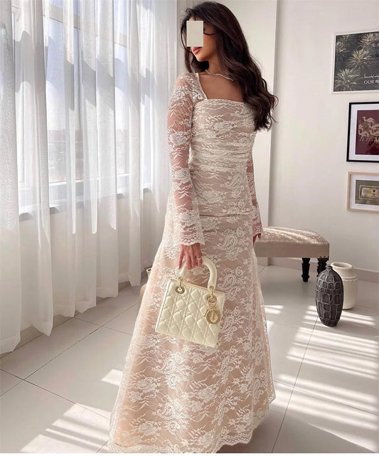 Ivory White Prom Dresses Illusion Lace Appliques فساتين السهرة Elegant Long Sleeves Floor-Length Vestidos De Noche