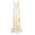 Nude Strapless Crystals Embellished Long Dress Sheath Low V Neck Sleeveless Feather High Side Slit Floor Length Evening Gown Beige