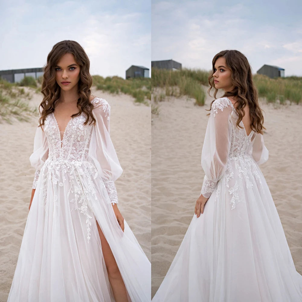 Musetta – Robe De mariée Simple, col en v, manches bouffantes, fente haute, dos nu, dentelle appliquée, Tulle