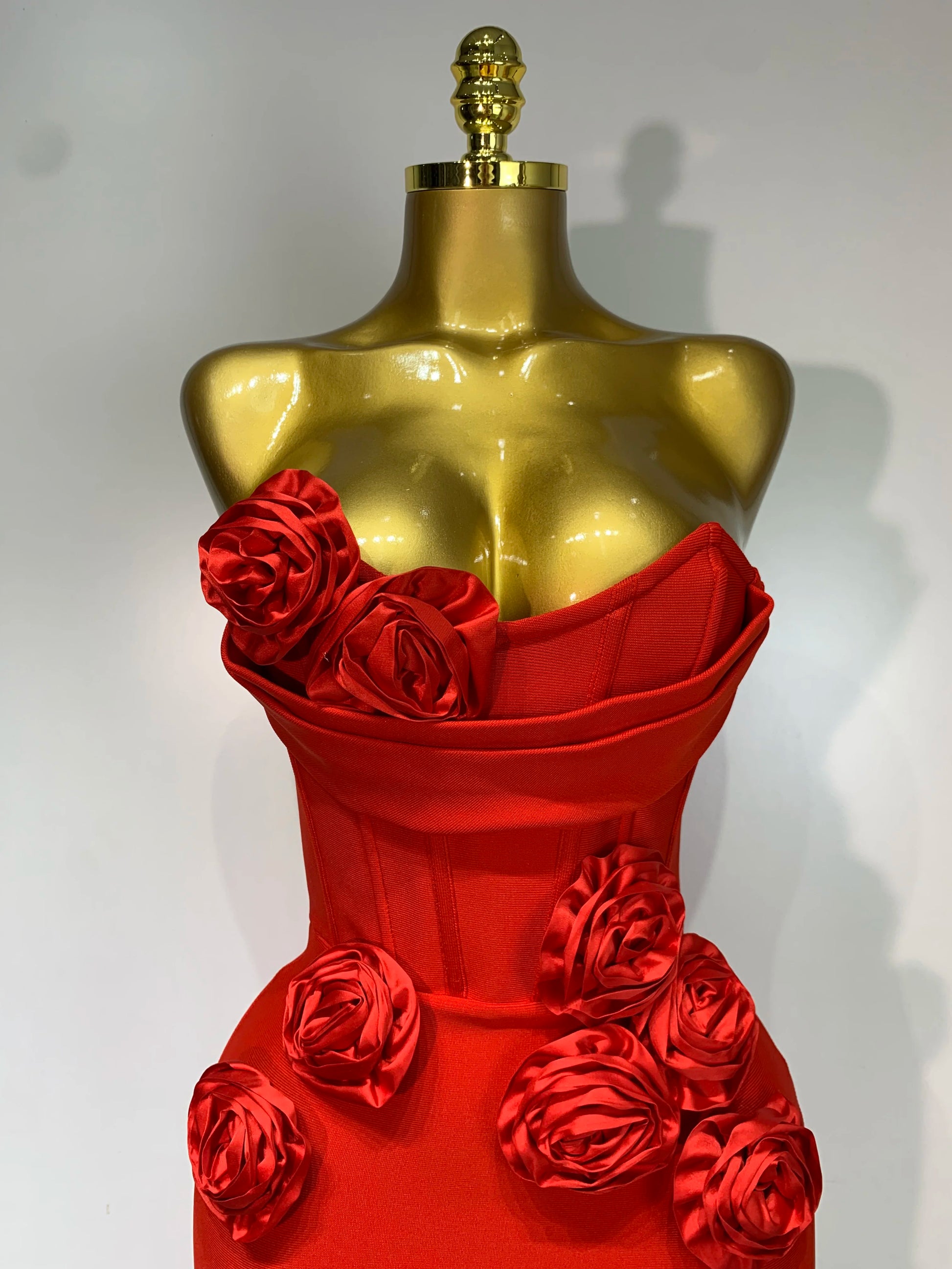 Newest Women Sexy Strapless Backless Red Flower Midi Bandage Dress Celebirty Elegant Evening Club Party Birthday Dresses