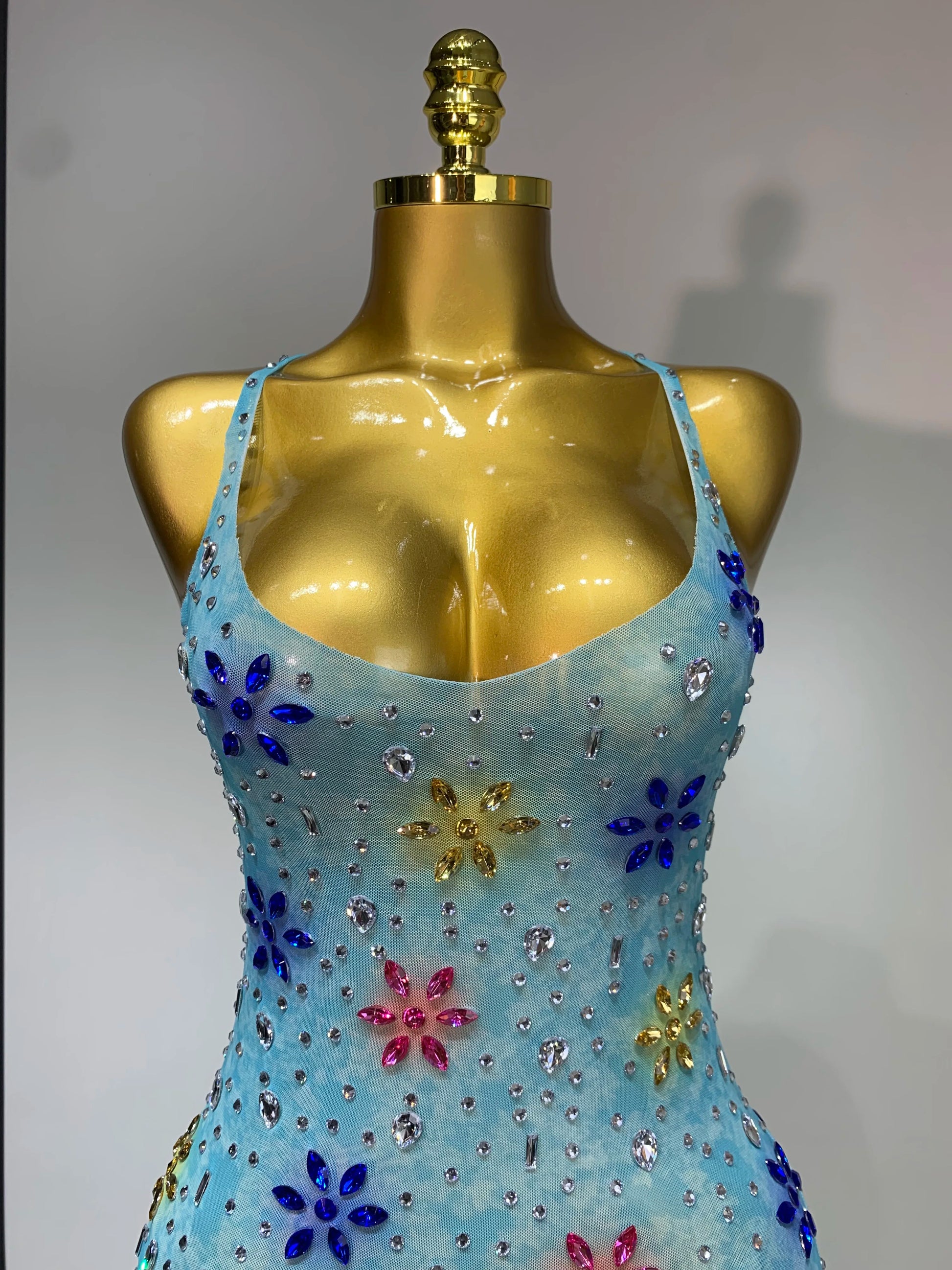 Newest Sexy Mesh High Split Sparkly Diamonds See Through Dress Luxury Birthday Dress Women Celebrate Party Stage Outfit