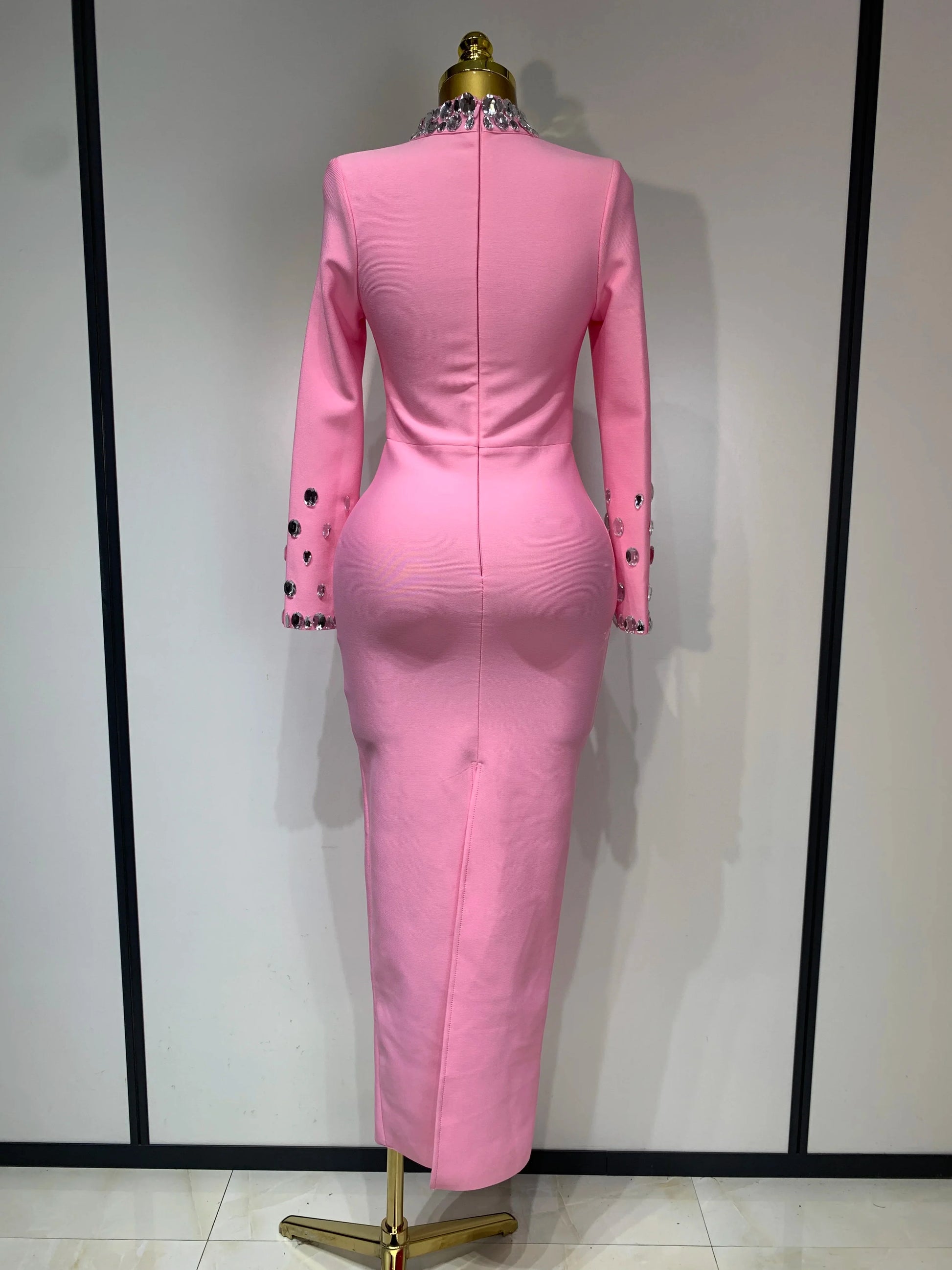 Luxury Birthday Dresses Diamond Long Sleeve Pink Bodycon Bandage Dress Women Wedding Evening Prom Gowns