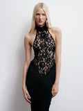 Sexy Black Halter Lace See Through Long Dress Backless Floor Length Tunic Elegant Cocktail Party Evening Gowns